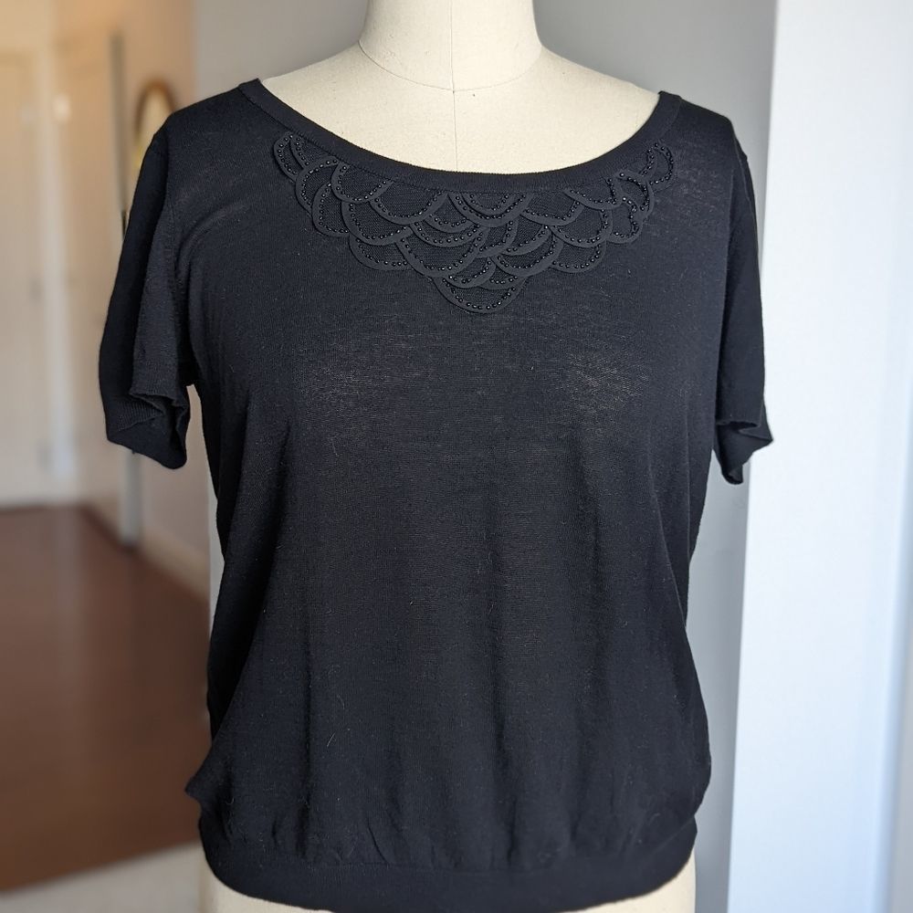 Black cotton silk knit lightweight sweater tshirt with beaded neckline L - Picture 1 of 9